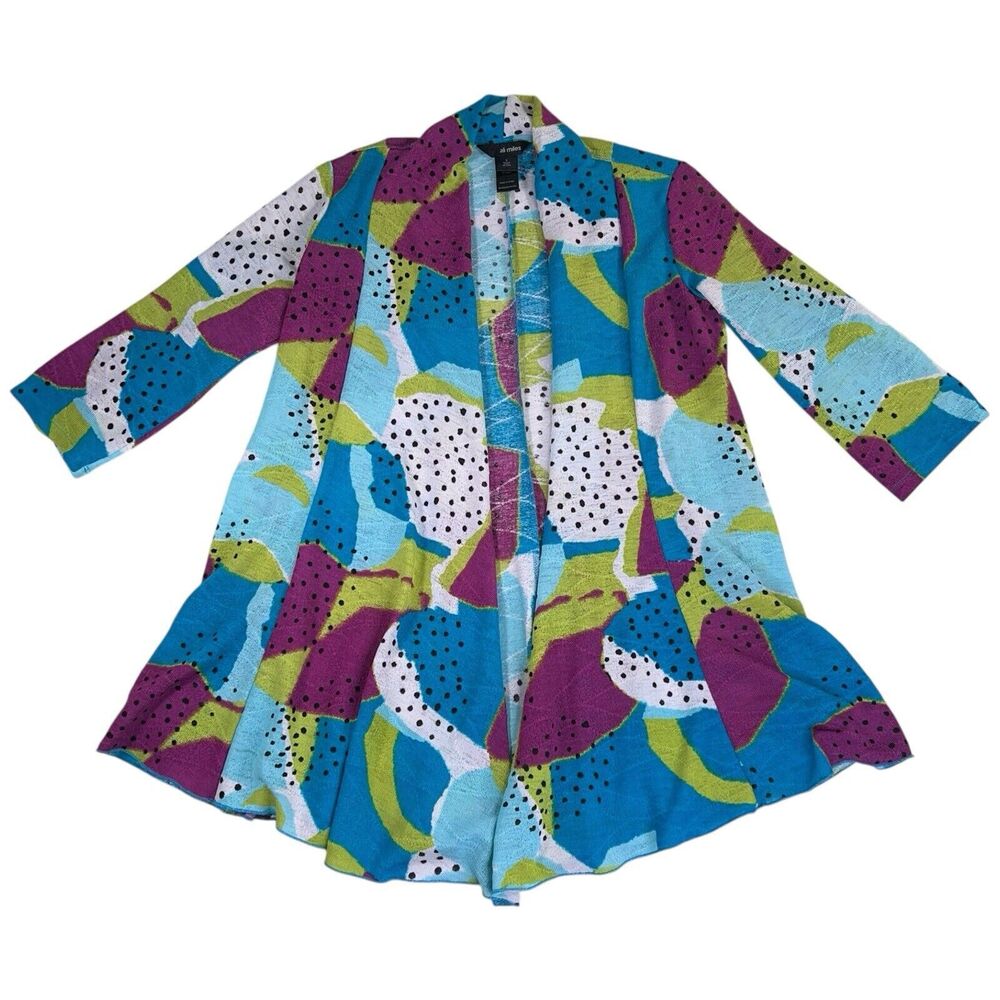 Ali Miles Open Cardigan Patchwork Polka Dot Green Blue Womens Sz Small Lagenlook